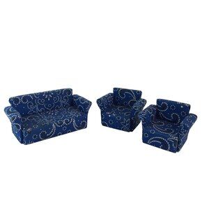 Miniature Dollhouse Blue Paisley Couch Arm Chair Set of 3 Wood Fabric Handmade